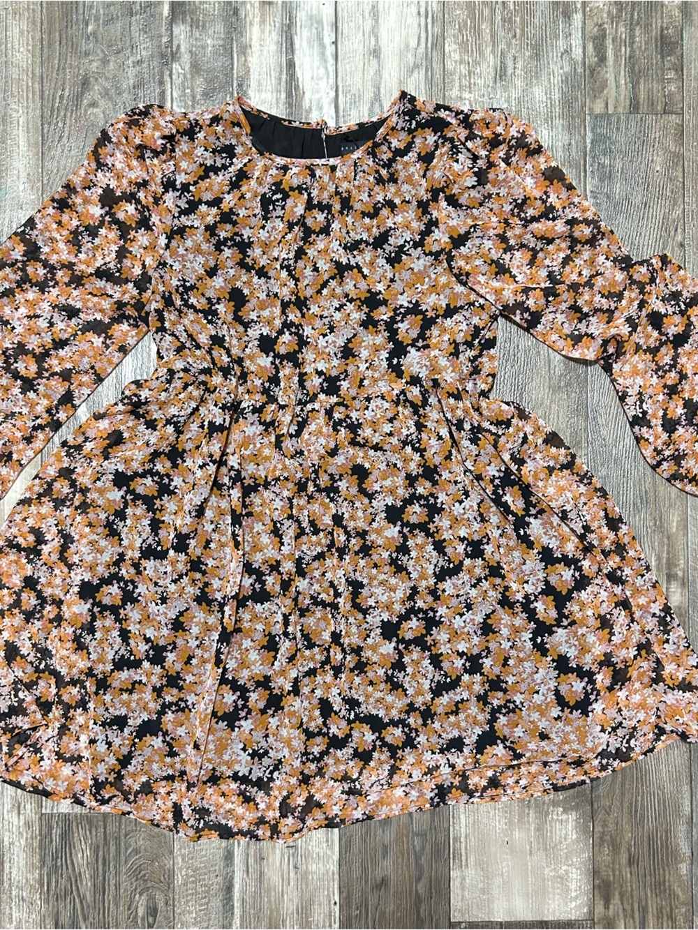 Sanctuary Black Floral Long-Sleeve Flowy Dress Orange Pink and Cream Blossoms